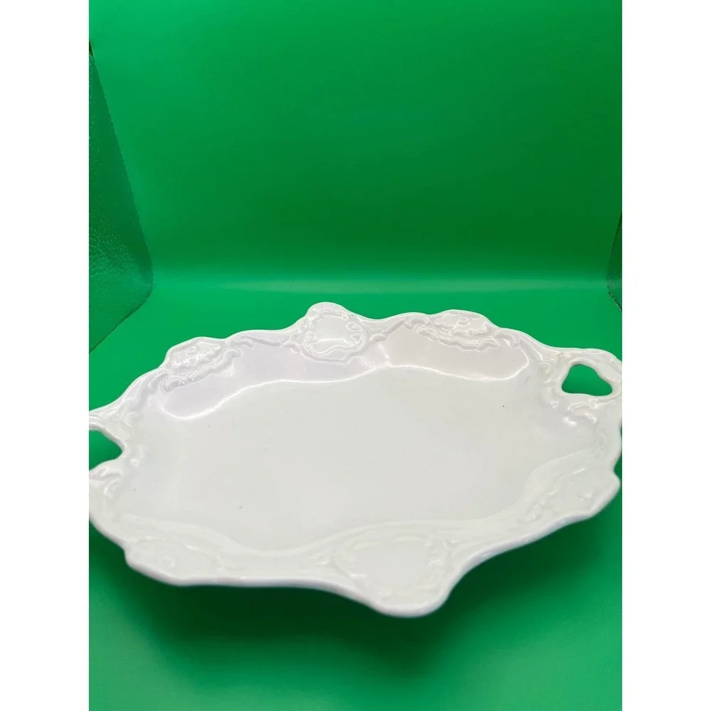 Freddie G White Ceramic Serving Platter Embossed Scroll Scalloped Tray 10 Inch‎